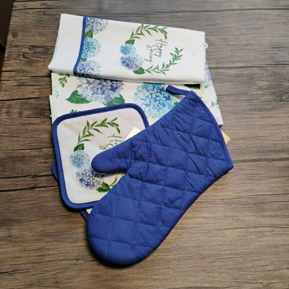 Happy Spring Hydrangea Kitchen Set, 2 Towels Oven Mitt 2 Potholders, Cottagecore - Picture 2 of 8